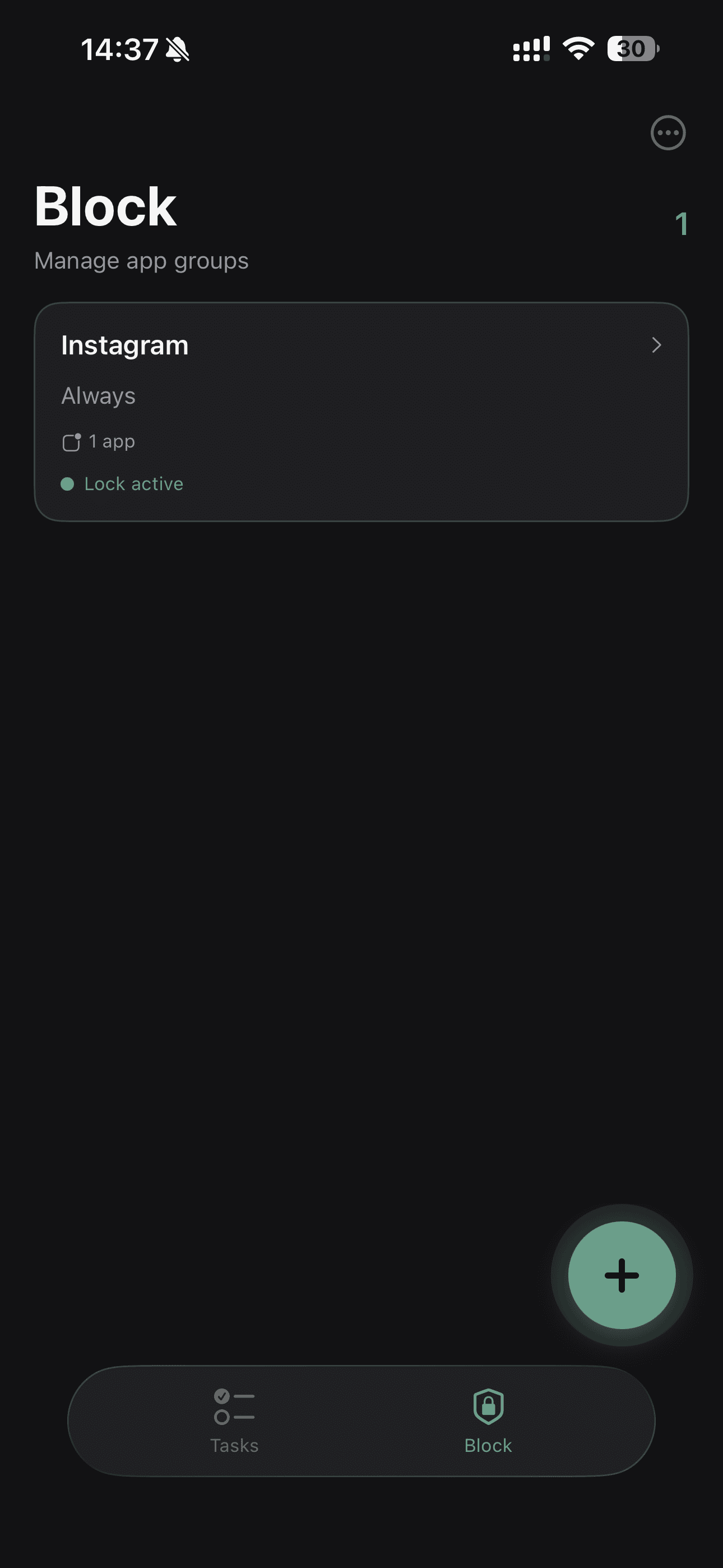App blocking screen showing active block groups for Social Media and Games with toggle controls