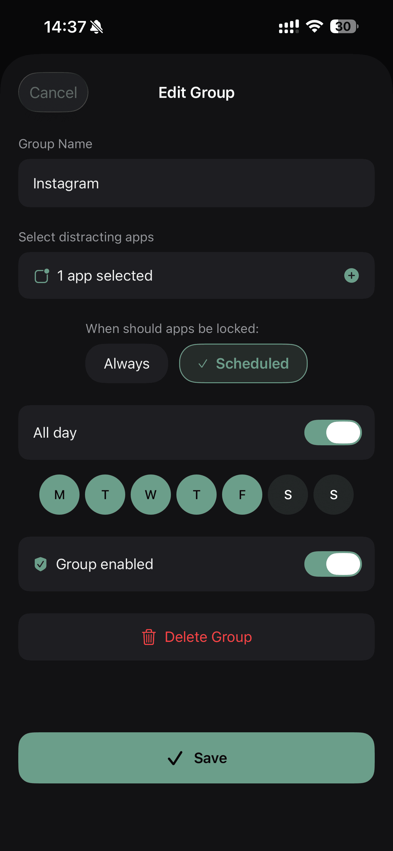 Creating a new block group: selecting distracting apps like Instagram, TikTok, and Twitter to block
