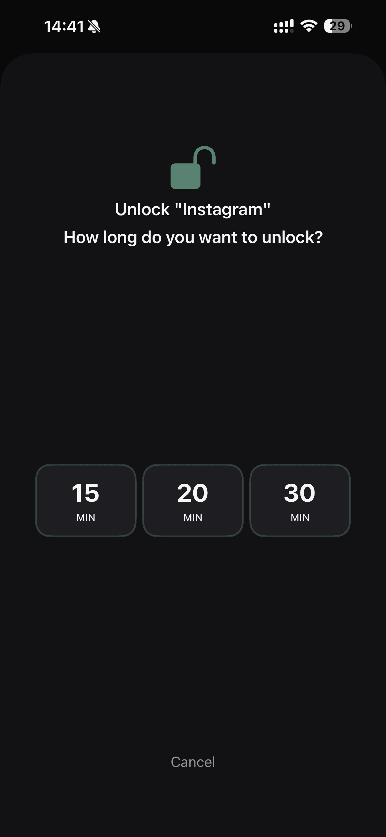 Unlock duration picker: choose 15, 20, or 30 minutes of temporary access before blocking resumes