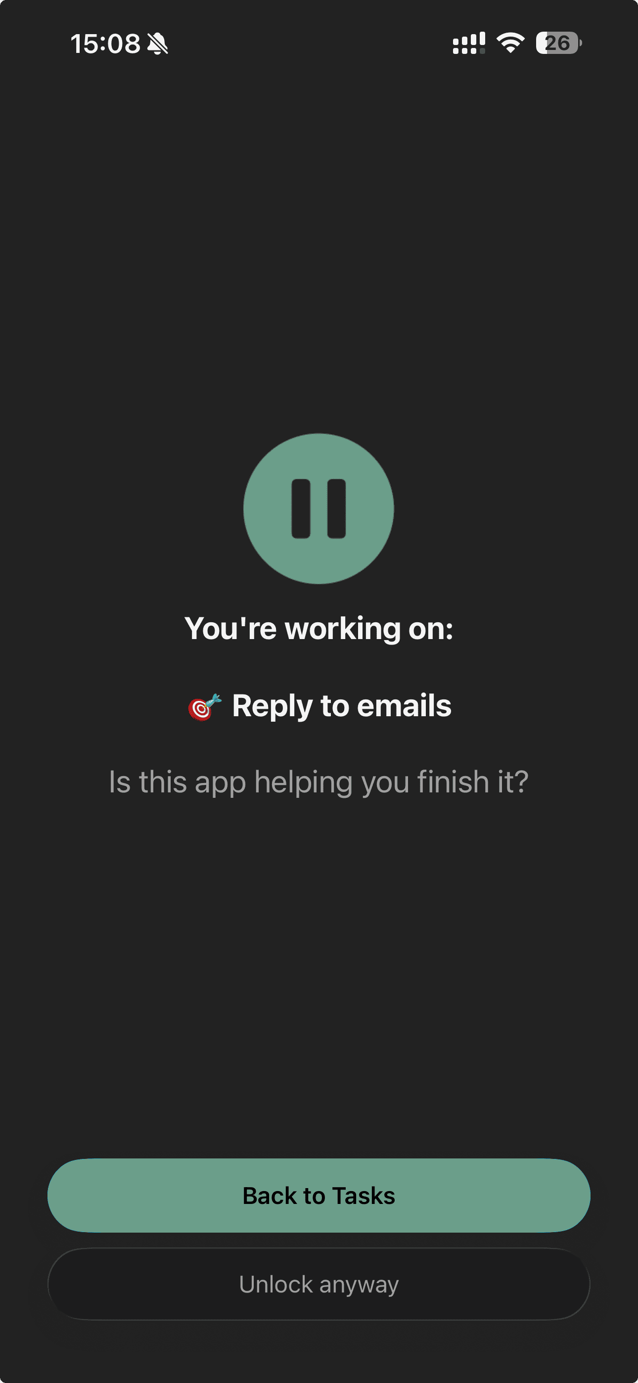 Shield screen appears when opening a blocked app, showing your current task as a gentle reminder