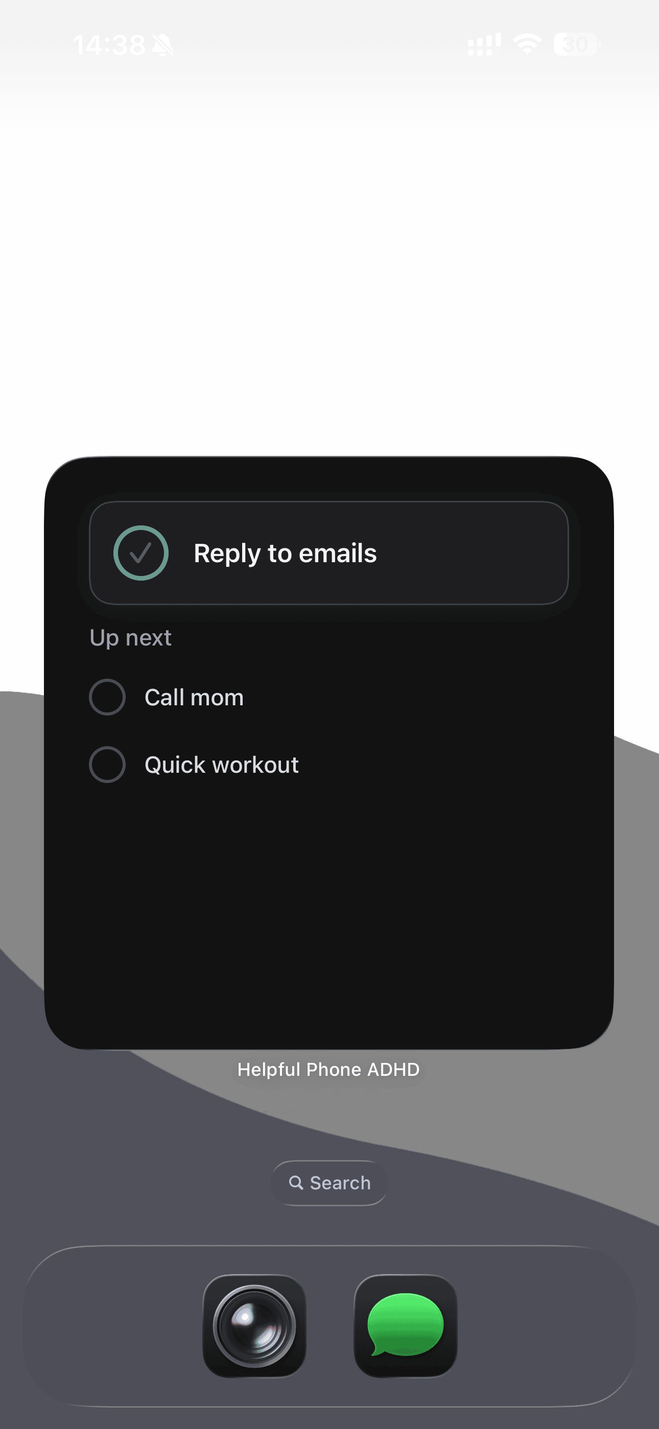 iPhone home screen with Helpful Phone widget showing current task